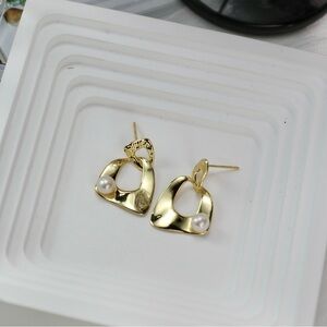 Gold Irregular Pearl Dangle Earrings • Modern Abstract Geometric Drop Earrings